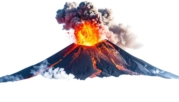 A towering volcano erupts, spewing lava and smoke against a stark black background