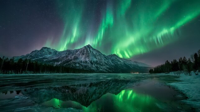 Stunning photo of a frozen lake reflecting brilliant green aurora borealis lights, mountains in the distance - Powered by Adobe