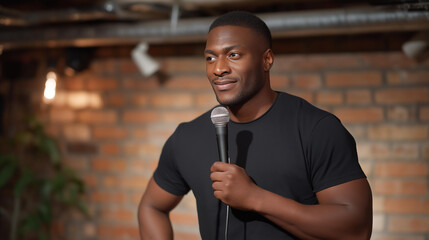 A stand-up comedian stepping into a bright spotlight on a small brick-walled stage, gripping the mic as the room hushes in anticipation of the first punchline. cinematic color correction, natural