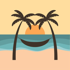 A hammock stretched between two palm trees against a sea backdrop, seascape, beach vacation and relaxation concept. Vector cartoon illustration, poster, or postcard.