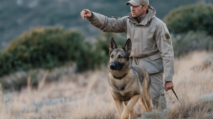 K9 unit performing scent detection training in an open field, handler giving hand signals while the dog tracks a target with precision. cinematic color correction, natural uneven lighting yet