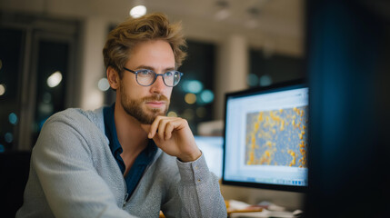 A metallurgical engineer reviewing phase diagrams on a digital display, studying how temperature and composition influence metal transformation and heat treatment outcomes. cinematic color