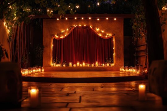 Cozy outdoor performance stage adorned with warm lights and candles during a tranquil evening