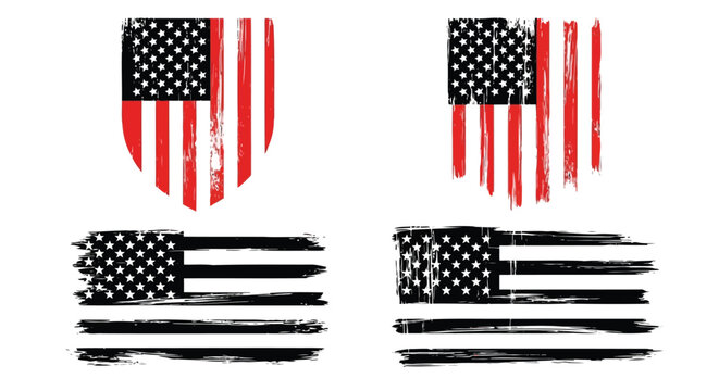 Distressed and torn american flag design with red, white, and black colors, symbolizing patriotism and resilience