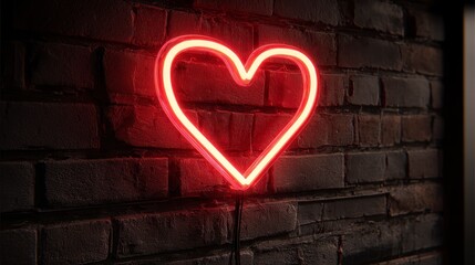 A vibrant, glowing neon heart affixed to a dark, textured brick wall, showcasing romantic ambiance and creative lighting