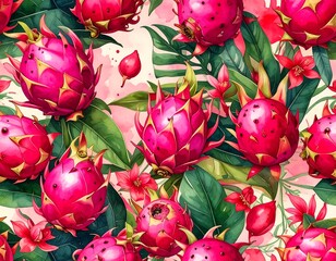 Watercolor illustration of dragon fruit and lush tropical foliage