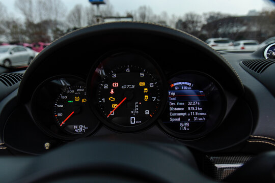 December 23, 2020, Seoul, South Korea - The instrument cluster of a Porsche 718 Boxster GTS with illuminated warning lights and vehicle information display.