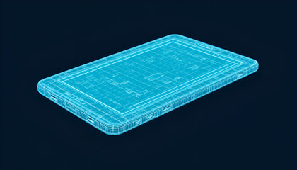 Futuristic smartphone blueprint in cyan on dark background