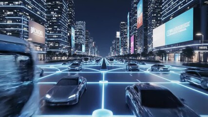 Futuristic city street with autonomous vehicles and glowing blue lines on road at night with tall buildings and digital billboards - Powered by Adobe
