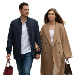Stylish Man and Woman Walking Together in Modern Casual Fashion Isolated on Transparent Background