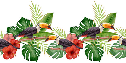 Watercolor seamless tropical border with toucan birds, red hibiscus flowers and lush green monstera leaves on white background, illustration for summer banners, invitations, cards and botanical decor. © Alona