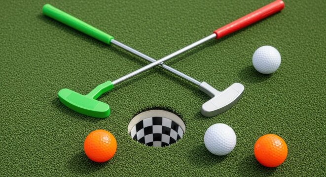 Mini golf putters and balls on green turf near hole golf club golf ball