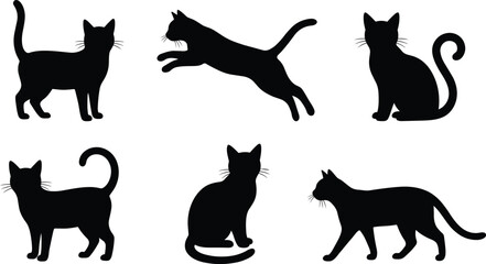 Black cat silhouettes set showing various feline poses vector illustration for pet design projects isolated on white background modern style © Creatives World