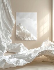 Minimalist White Fabric Art Installation with Draped Cloth and Textured Canvas.