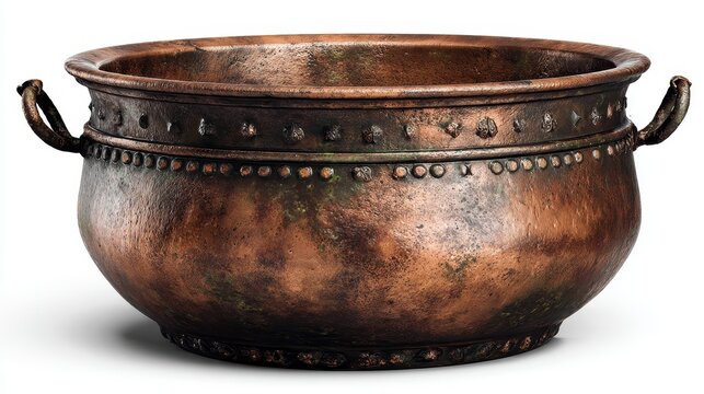 Close-up studio shot of a weathered copper vessel with handles, detailed with riveted texture and a patina finish