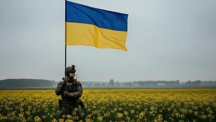 An army holding a ukraine flag s against a blue sky as a national symbol of Ukraine patriotism - Powered by Adobe