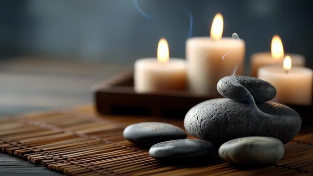 Spa stones and burning candles arranged on a bamboo mat, creating a calm wellness scene focused on relaxation, balance, and mindful self care