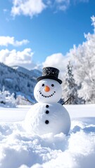 Smiling Snowman with Top Hat and Carrot Nose in a Winter Wonderland.