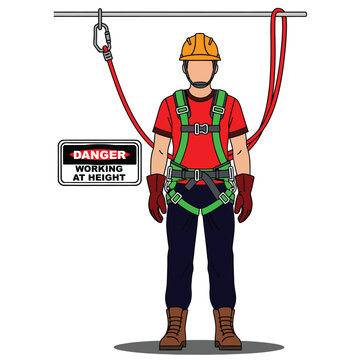 Front-facing worker wearing orange hard hat, red shirt, green full-body safety harness, red gloves, and boots, with a 'Danger Working at Height' sign.