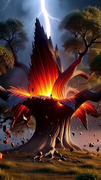 Massive lightning bolt striking an ancient tree, shattering the trunk with a glowing fiery explosion in a cinematic digital illustration, representing the destructive power of nature