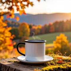 Steaming coffee cup on a wooden surface with a vibrant autumn landscape in the background.