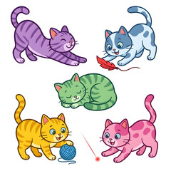 Obraz premium cartoon cats in playful poses, showcasing various expressions and activities such as stretching and playing with toys (1)