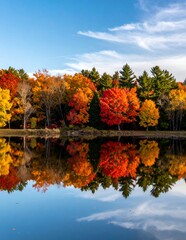 Vibrant Autumn Foliage Reflected in Serene Lake Under Blue Sky.