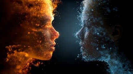 Composite image of two faces, one formed of flames and the other of ice, facing each other against a dark background