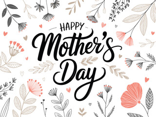 Obraz premium Happy Mothers Day hand lettering typography with floral elements hearts modern greeting card design pastel background illustration