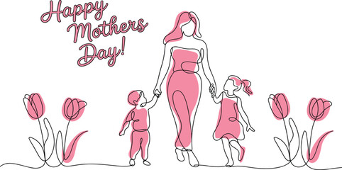 Happy Mothers Day minimalist line art illustration of mother with children floral background modern flat design pastel greeting card
