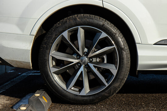 December 18, 2020, Seoul, South Korea - A close-up of the wheel and Pirelli tire on a white Audi Q7 50 TDI luxury SUV.