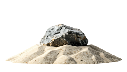 A gray rock rests on a pile of textured sand against a stark black background
