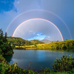 Vibrant Double Rainbow Arches Over Serene Lake and Lush Green Hills.
