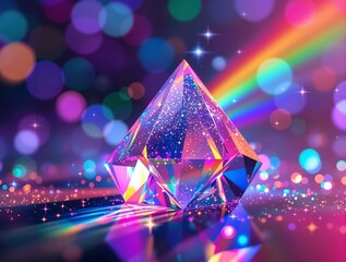 Vibrant Crystal Prism Reflecting Rainbow Light with Bokeh Background.