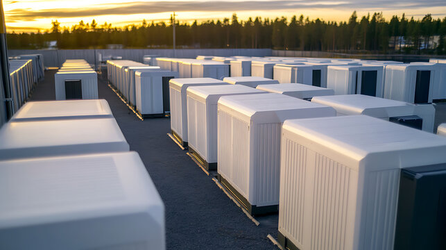 Rows of white storage containers under a vibrant sunset sky create a geometric landscape. The repeating units symbolize modularity and organization in an industrial setting.