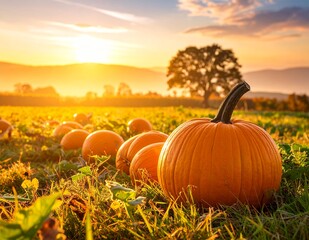 Vibrant Pumpkin Patch at Golden Hour Sunset.
