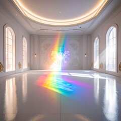 Vibrant Rainbow Light Illuminating a Serene, Empty White Room with Arched Windows and Elegant Architecture.