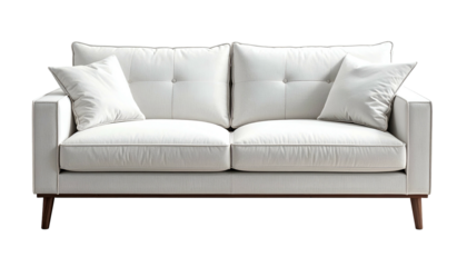 White leather sofa with two cushions, tufted back, and wooden legs, isolated
