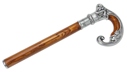 An elegant, ornate walking stick featuring polished wood and a silver-toned handle