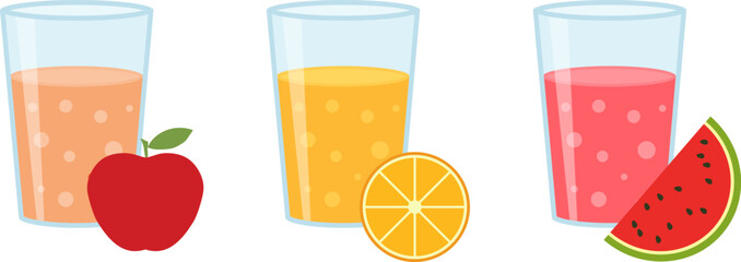 A glass of fresh juice, orange juice, apple juice, watermelon juice, juice glass icon. Vector, cartoon illustration, poster, postcard.