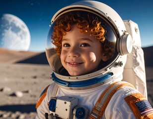 A joyful child in a spacesuit smiles, with curly red hair, on a lunar-like surface, a large moon in the background