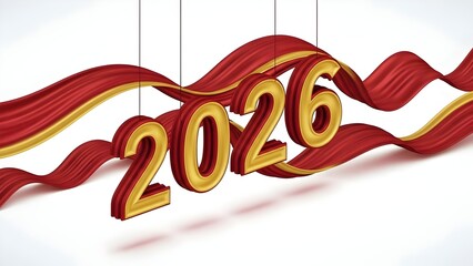 Metallic 2026 Numbers Hanging with Flowing Red and Gold Ribbons, Symbolizing New Year Celebrations and Future Milestones