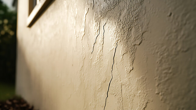An exterior wall shows paint cracking, peeling, and bubbling due to moisture damage and weathering effects. The textured surface suggests a building maintenance need.
