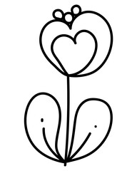 Linear flower in doodle style, outline plant with heart-shaped bud for design