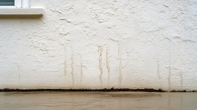 Exterior foundation wall with water stains and wet concrete. The wall exhibits textured stucco, while the sill sits above. Close-up shot highlights moisture damage.