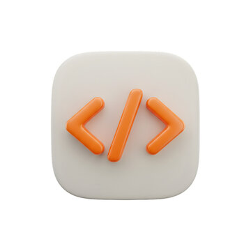 A 3d render of an orange code bracket icon soft lighting on transparent background