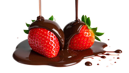 Two ripe strawberries are drizzled with molten, dark chocolate against a clean background