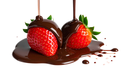 Two ripe strawberries are drizzled with molten, dark chocolate against a clean background