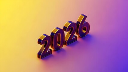 2026 new year concept with shiny golden and purple metallic 3D numbers on a vibrant gradient background. Modern graphic design for future celebrations, calendars, and events.