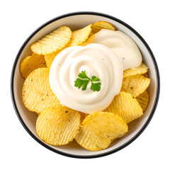 Overhead shot of a bowl with ridged potato chips and a dollop of white sauce, garnished